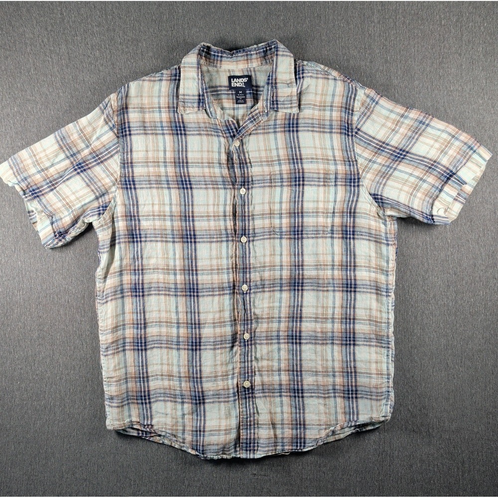 LANDS END Mens Madras Plaid Button Shirt Sz‎ M Traditional Fit Short Sleeve Blue